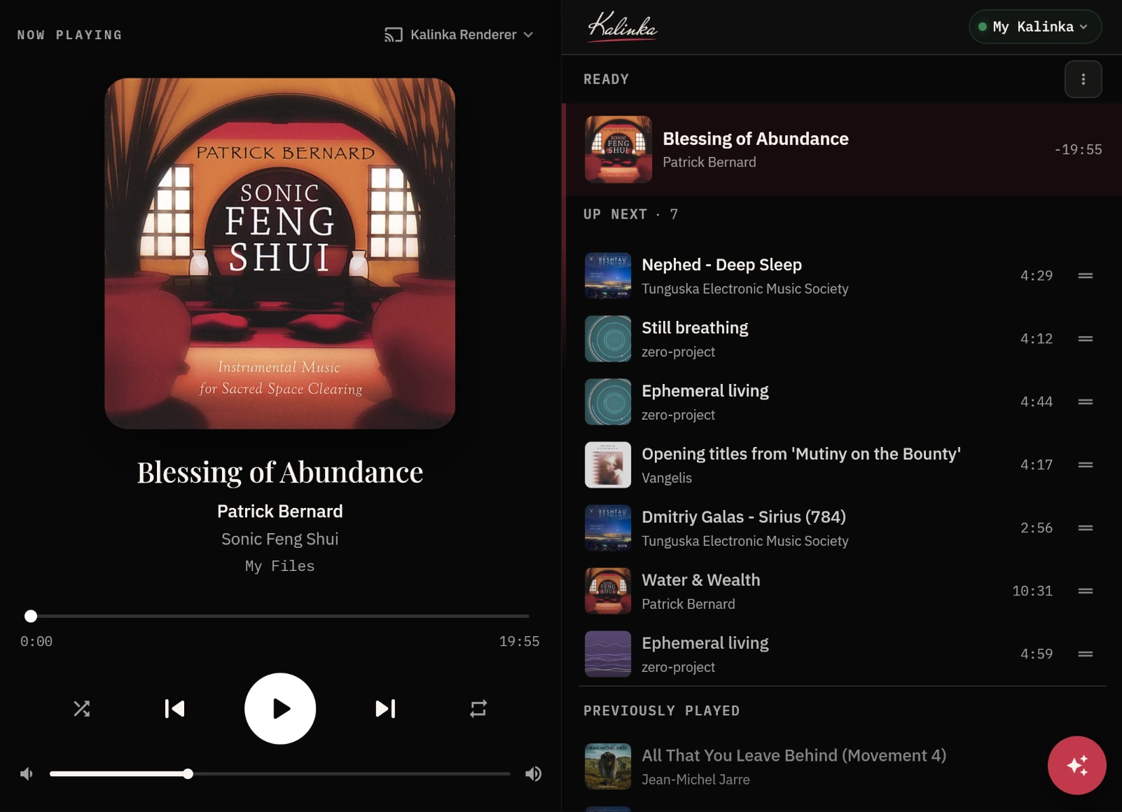 Kalinka desktop app showing the current album, playback controls and play queue.