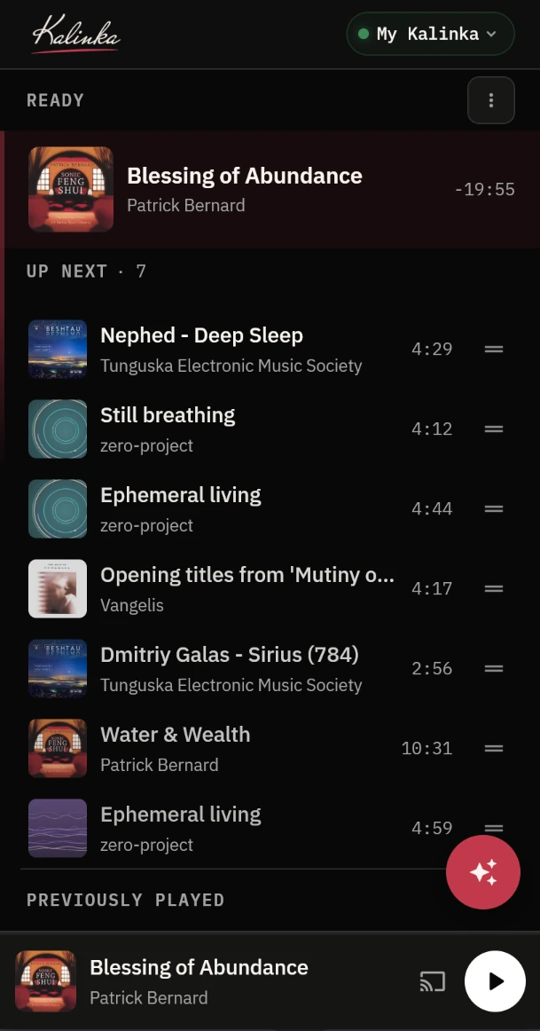 Kalinka on a phone: the play queue with the current track, what is up next, and the mini player.