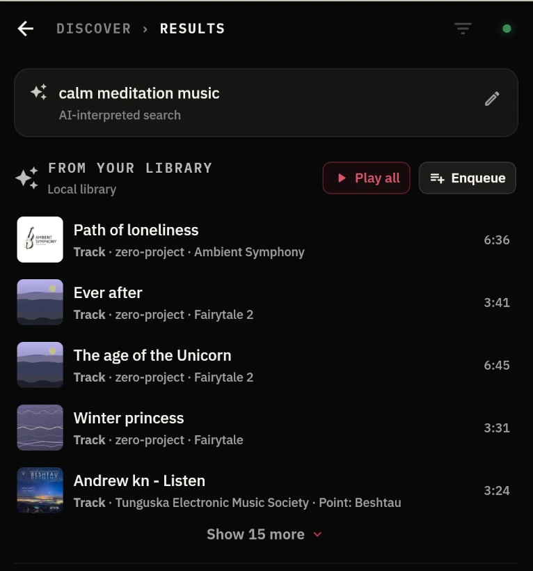 Kalinka AI search results for calm meditation music, showing tracks from the local library with artist, album and duration.